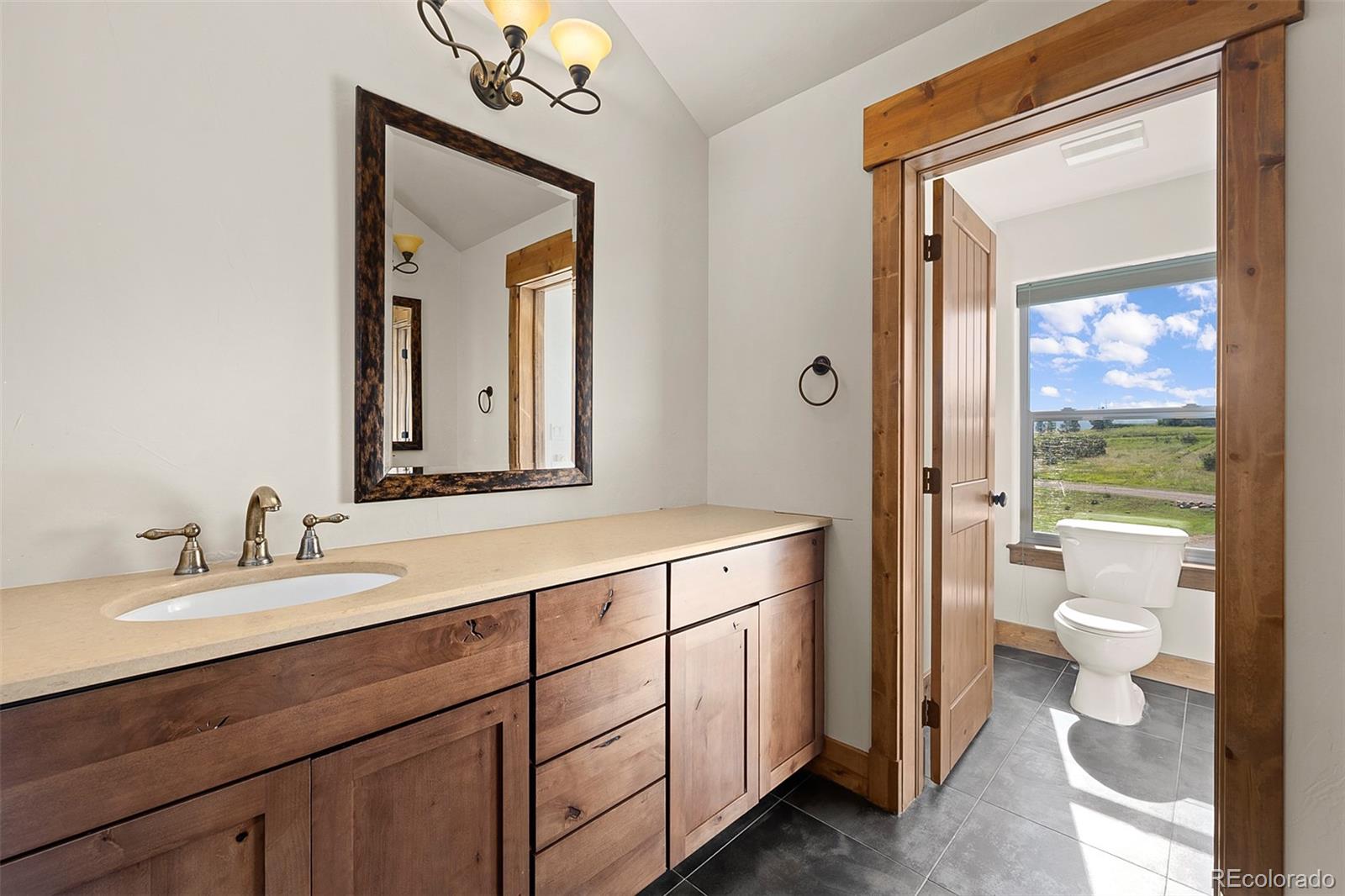 2135 Haystack Road Castle Rock, CO 80104 - Photo 19 of 35 a bathroom with a toilet a sink and a large mirror