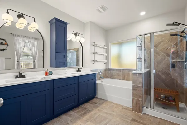 a bathroom with a tub a sink double vanity and a mirror