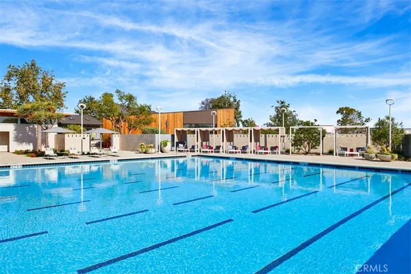a view of a swimming pool with a garden