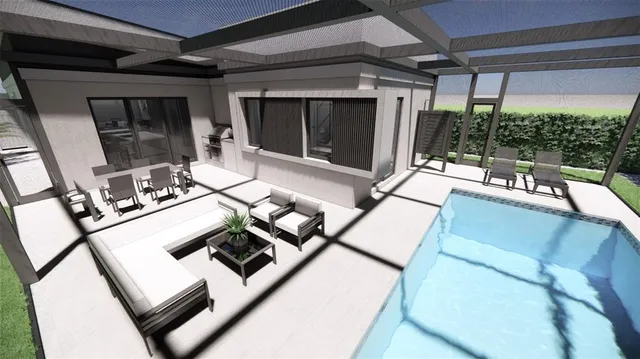 a view of a patio with couches table and chairs with potted plants