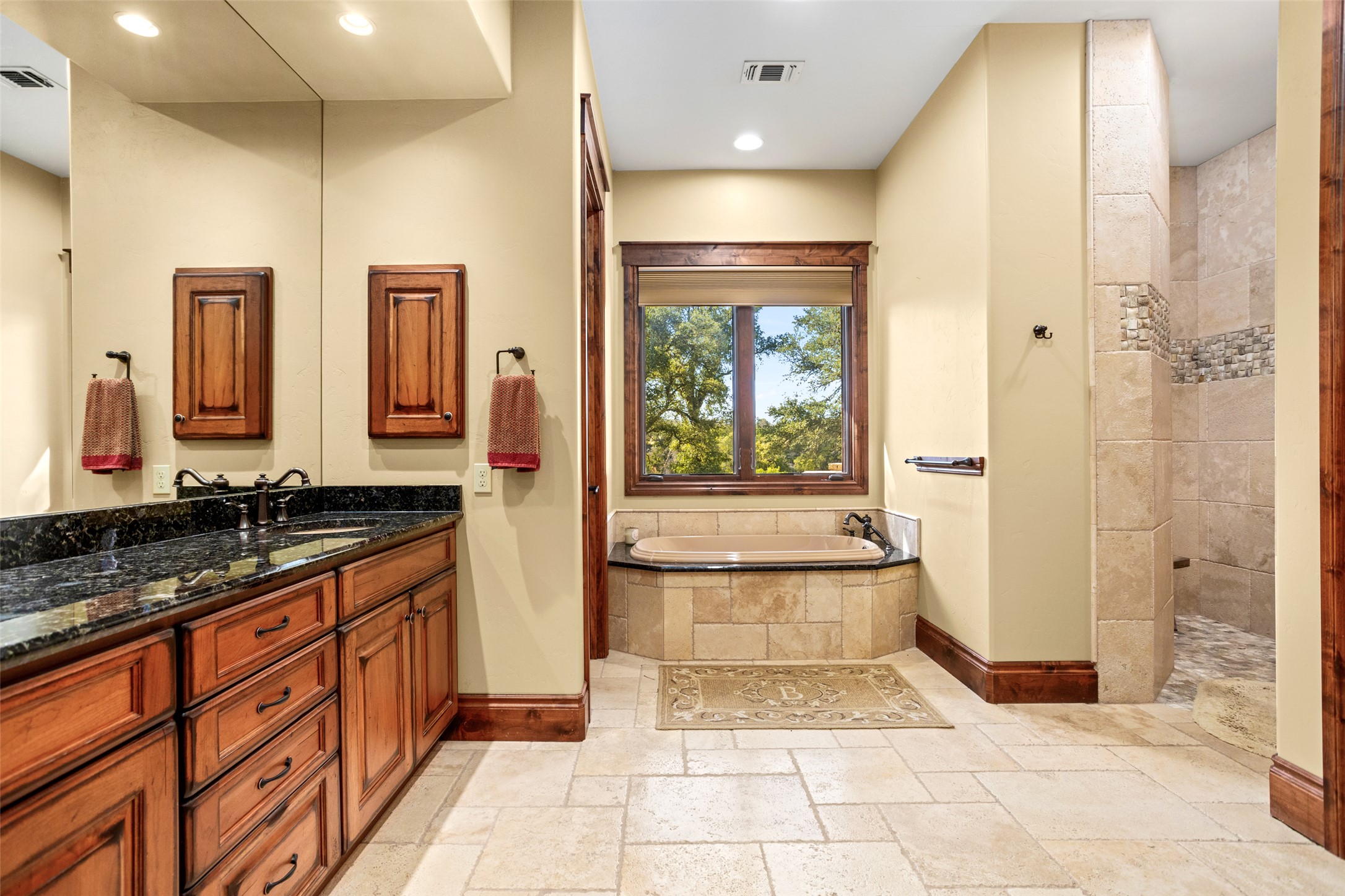 170 Goose Landing, Unit 10 57ACRES Harper, TX 78631 - Photo 26 of 40 a spacious bathroom with a granite countertop sink a mirror and a bathtub