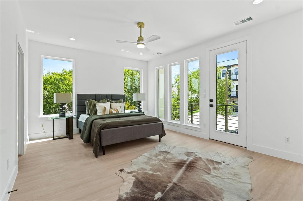 1823 Pollard Street Dallas, TX 75208 - Photo 15 of 28 Bedroom with access to outside, recessed lighting, wood finished floors, and a ceiling fan