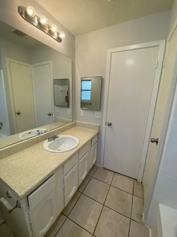 a bathroom with a sink a mirror and a bathtub