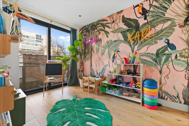 a room with musical instruments and air hockey table