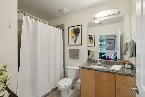 a bathroom with a granite countertop sink toilet and shower