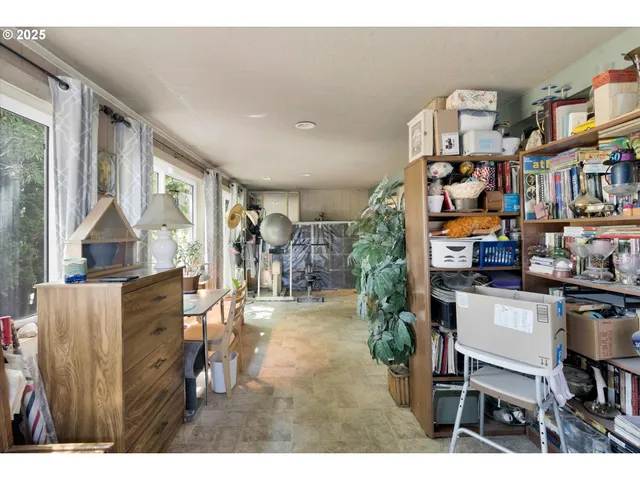 a living room with furniture and a book shelf