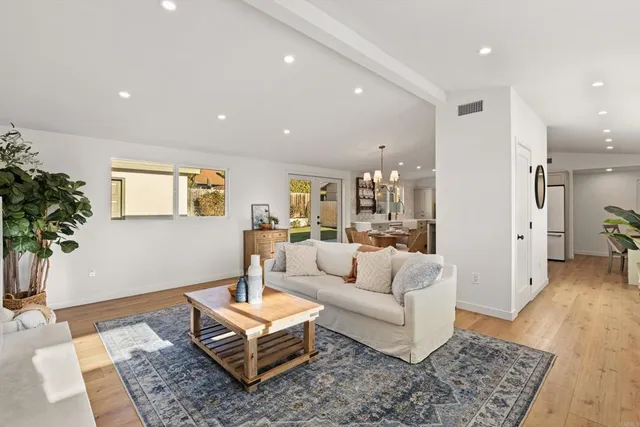 a living room with furniture and a potted plant