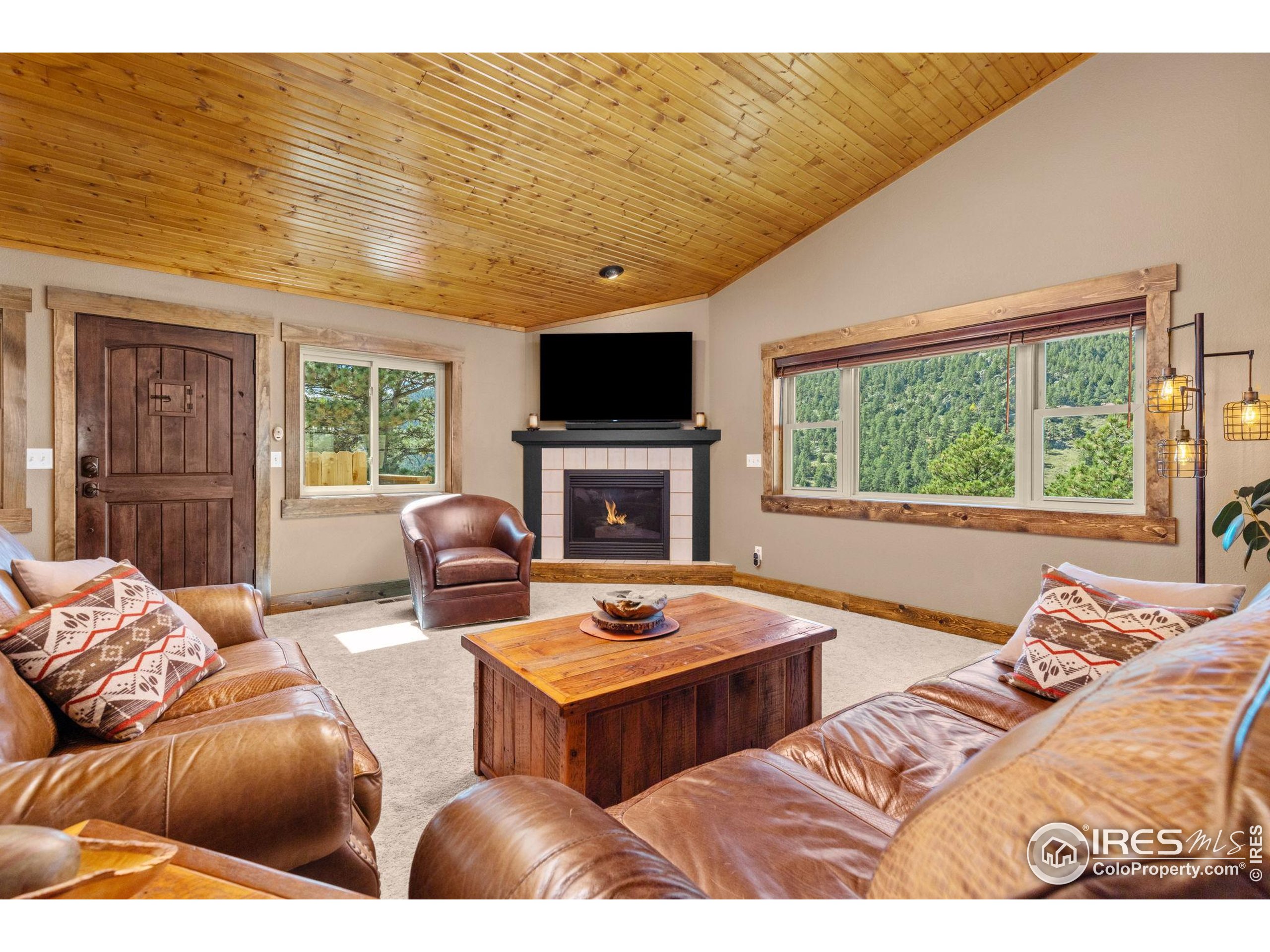 681 Bitterroot Gulch Road Loveland, CO 80537 - Photo 11 of 47 a living room with couches a flat tv screen and a fireplace