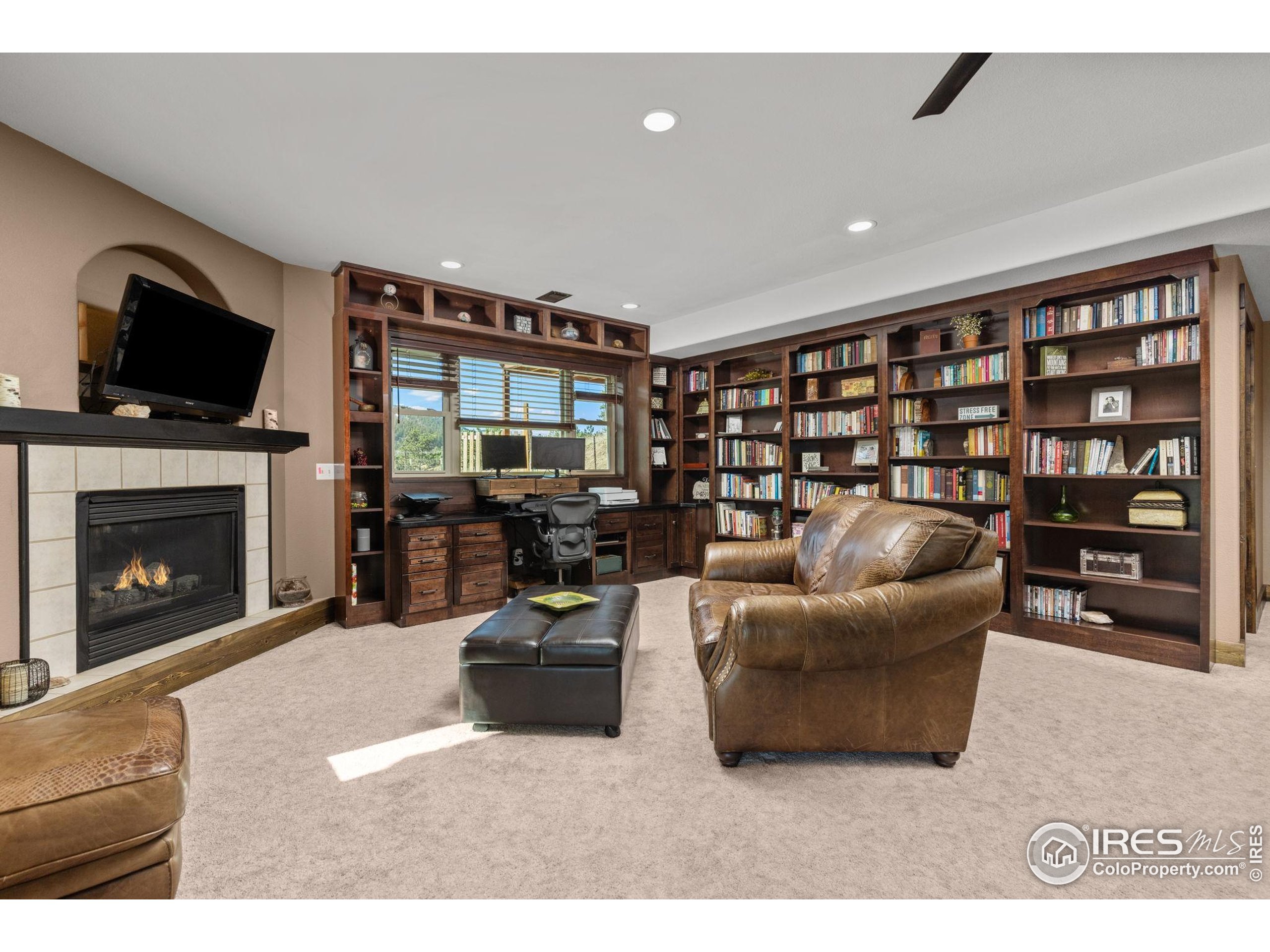 681 Bitterroot Gulch Road Loveland, CO 80537 - Photo 24 of 47 a living room with furniture a flat screen tv and a fireplace
