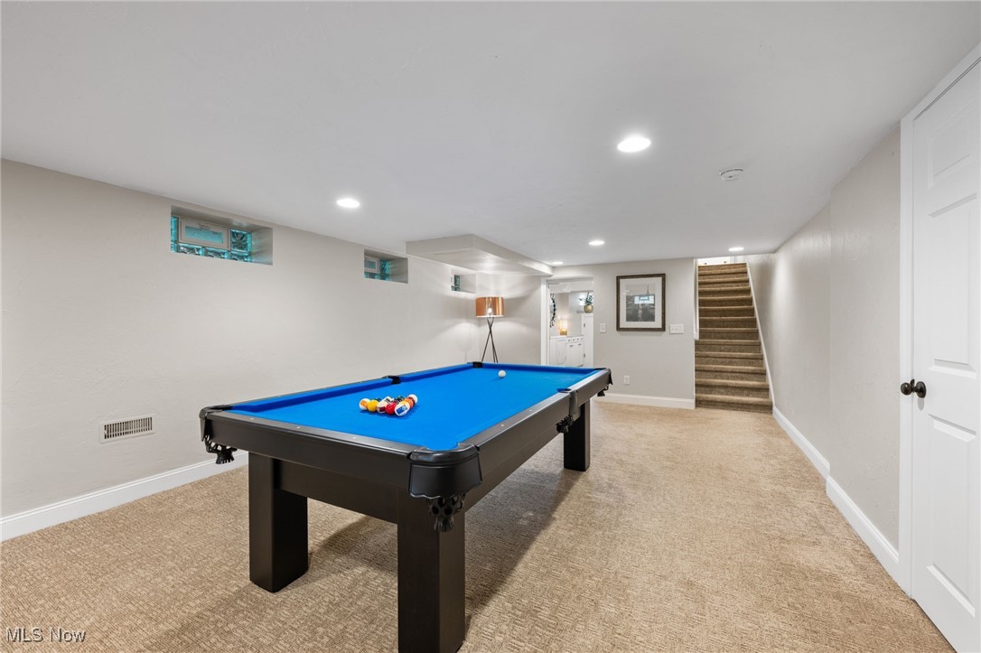 35425 Miles Road Chagrin Falls, OH 44022 - Photo 40 of 50 Playroom featuring carpet flooring, billiards table, recessed lighting, and baseboards