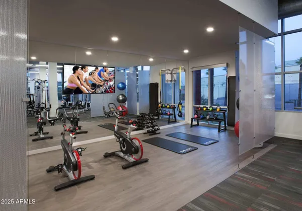 a view of a room with gym equipment