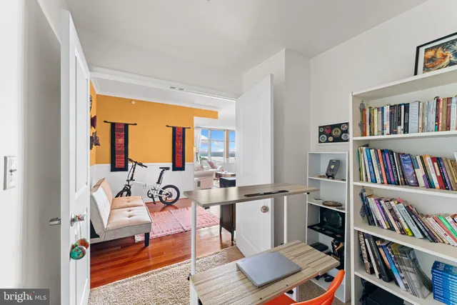 a living room with lots of furniture and a book shelf