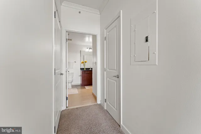 a view of a livingroom from a hallway