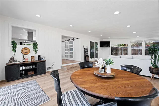 a view of a dining room with furniture