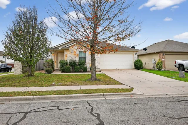 a view of a house with a yard and large tree