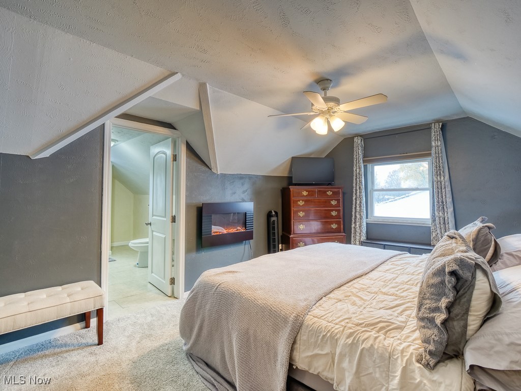 6794 York Road Cleveland, OH 44130 - Photo 34 of 45 Bedroom featuring carpet, vaulted ceiling, ceiling fan, a textured ceiling, and ensuite bathroom