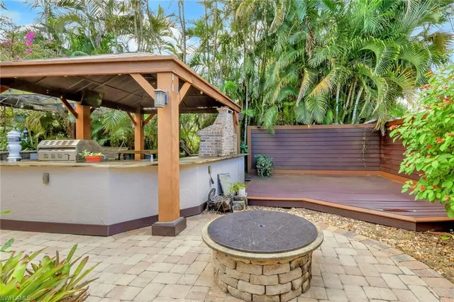 a view of a backyard with plants and a garden