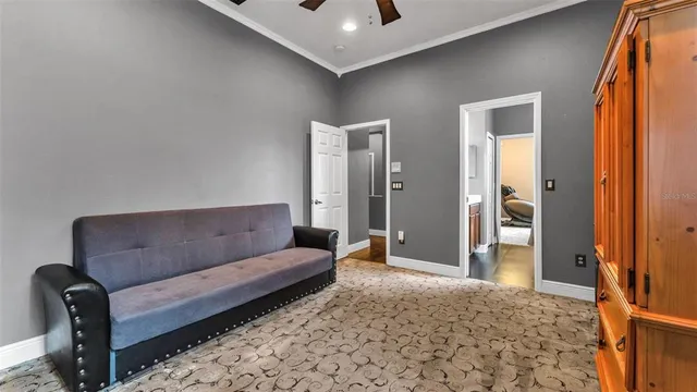 an aerial view of a house with garden