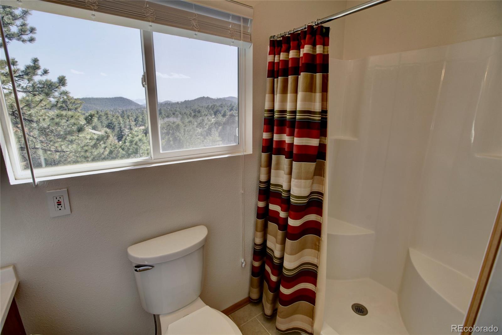 530 Red Feather Road Cotopaxi, CO 81223 - Photo 39 of 46 a bathroom with a toilet and a shower curtain