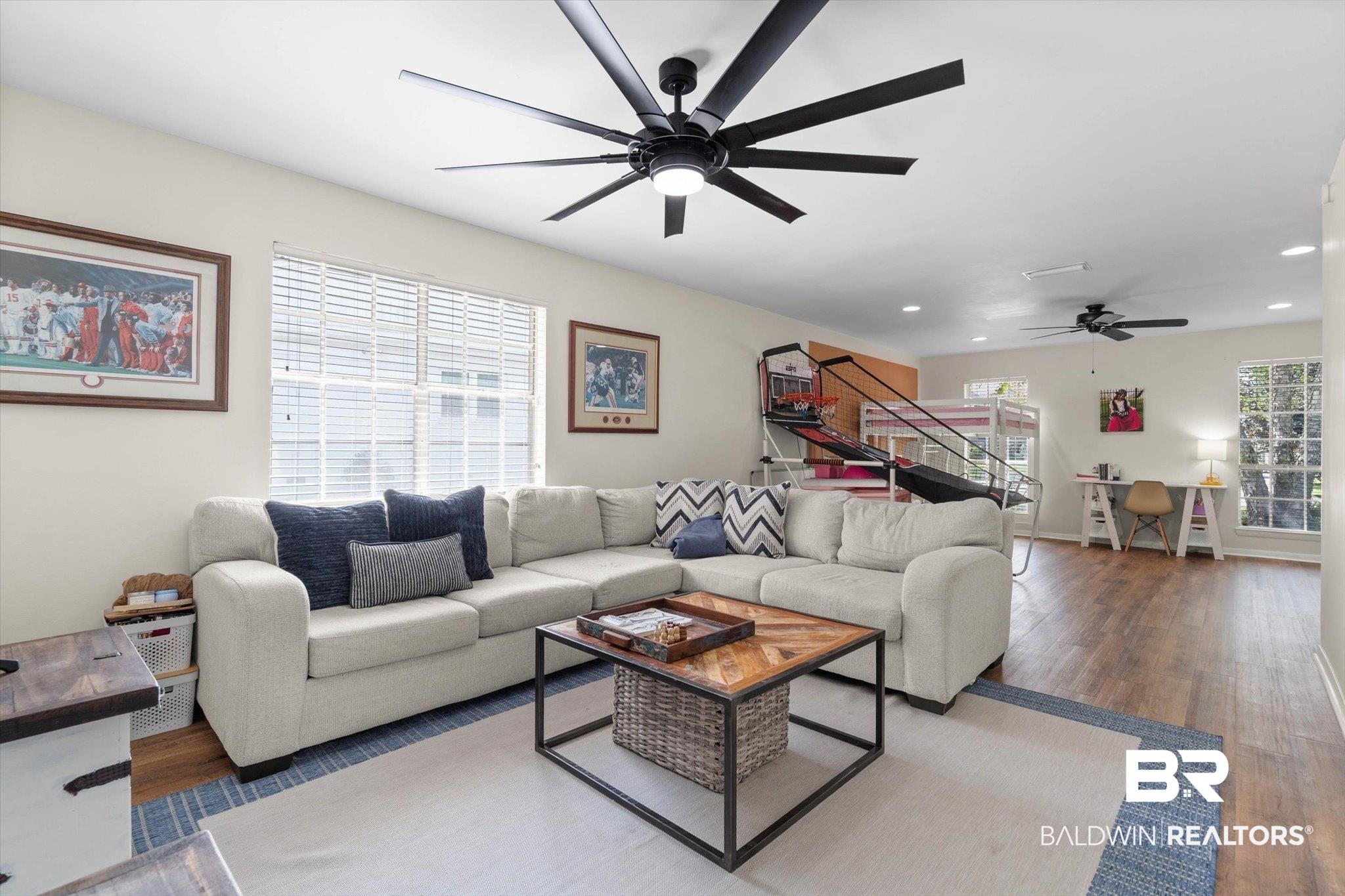 254 Woodlands Avenue Mobile, AL 36607 - Photo 14 of 50 Living room featuring wood finished floors, ceiling fan, and recessed lighting