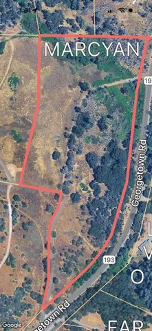 a view of a dry field with trees in background