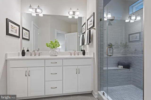 a bathroom with a double vanity sink a shower and a mirror