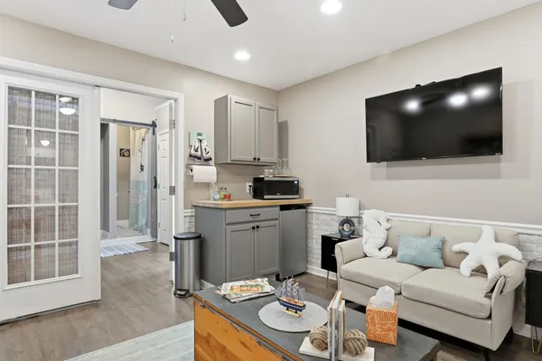 a bedroom with furniture and a bed