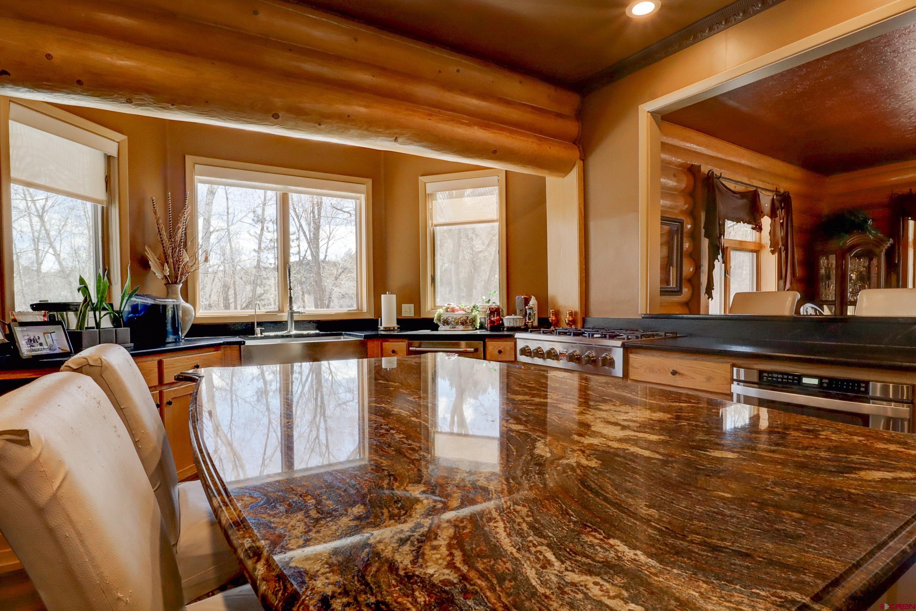 18656 Highway 145 Dolores, CO 81323 - Photo 5 of 45 Interior space with a sink, recessed lighting, dark stone counters, appliances with stainless steel finishes, and log walls