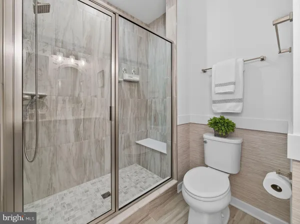 a bathroom with a shower and a toilet