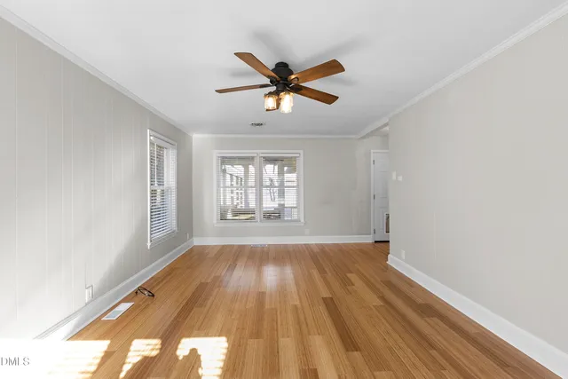 a view of a town with large trees