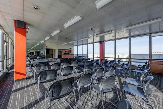 an outdoor space with seating area