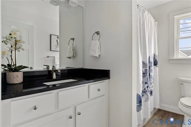 a bathroom with a sink a toilet and a mirror