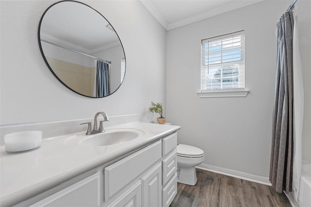 11209 Tree Lake Drive Waco, TX 76708 - Photo 19 of 40 a bathroom with a toilet a sink a mirror and a window