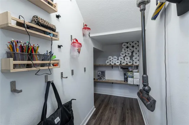 a aerial view of a house with a yard and potted plants
