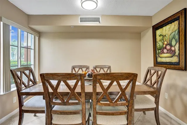 a view of a dining room with furniture and window
