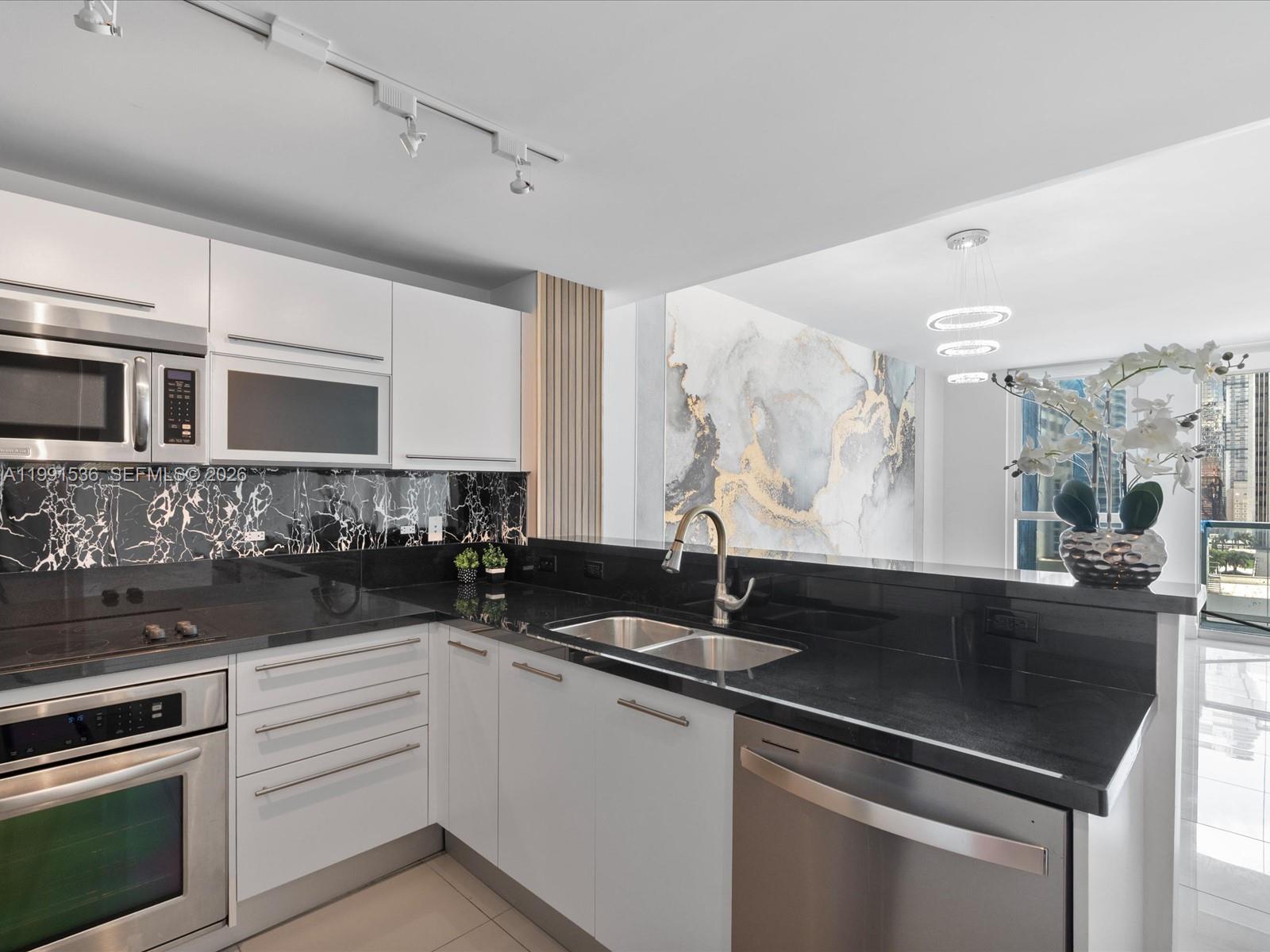 244 Biscayne Boulevard, Unit 1605 Miami, FL 33132 - Photo 3 of 46 a kitchen with stainless steel appliances granite countertop a sink and a stove