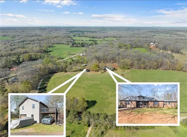 an aerial view of a house with a garden