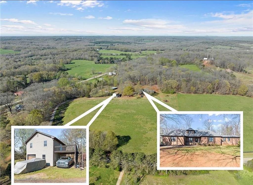 an aerial view of a house with a garden