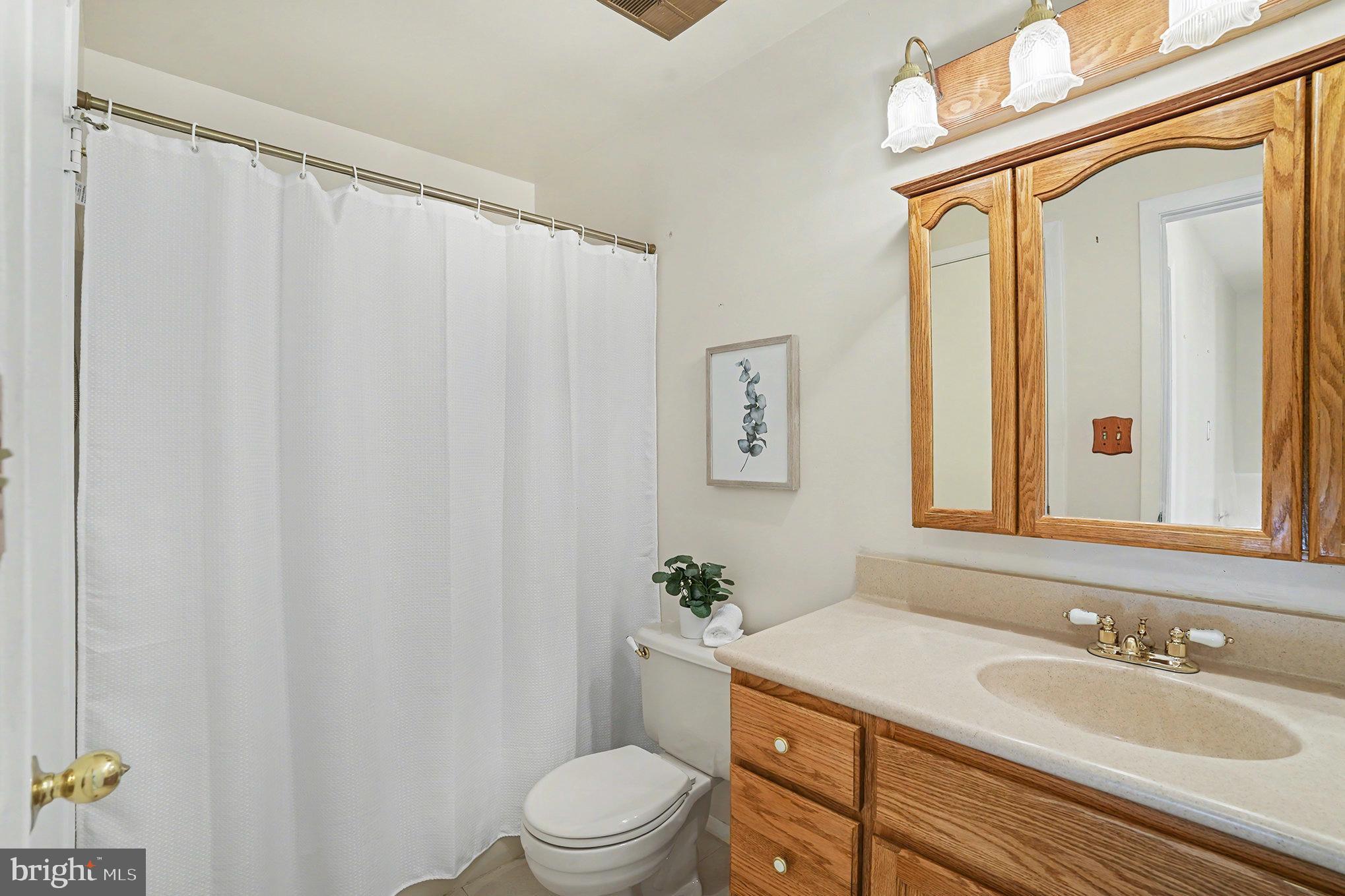 7114 Oliver Beach Road Baltimore, MD 21220 - Photo 21 of 49 a bathroom with a granite countertop sink a mirror and a shower curtain
