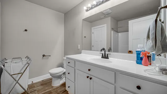 a bathroom with a sink vanity mirror and toilet