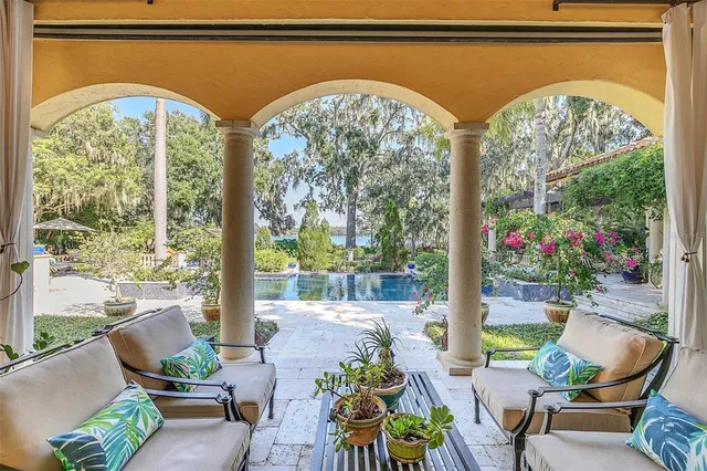 a view of a park with large trees