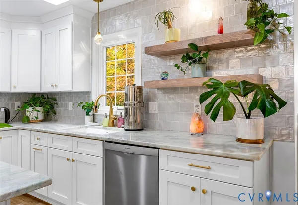 a kitchen with a potted plant on the counter and cabinets