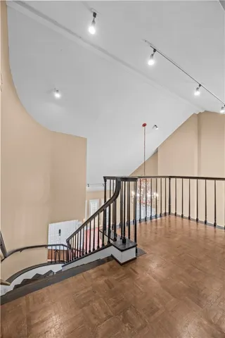 a view of staircase with lots of white walls