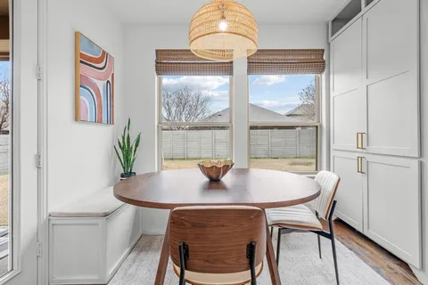 a view of a dining room with furniture window and wooden floor