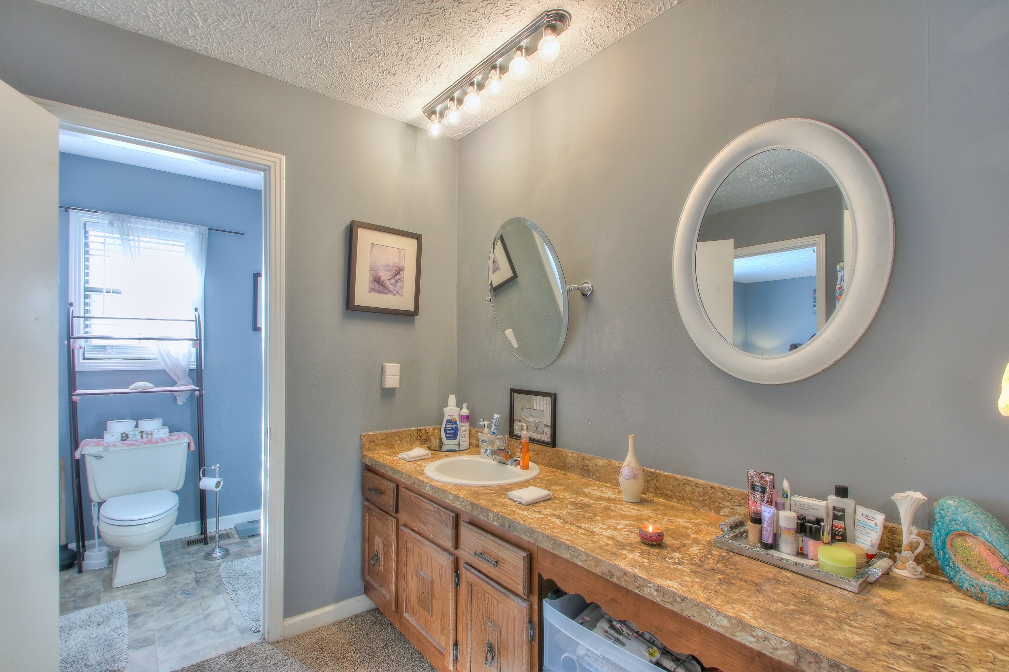 416 Harsh Lane Castalian Springs, TN 37031 - Photo 15 of 31 a bathroom with a granite countertop toilet a sink and a mirror