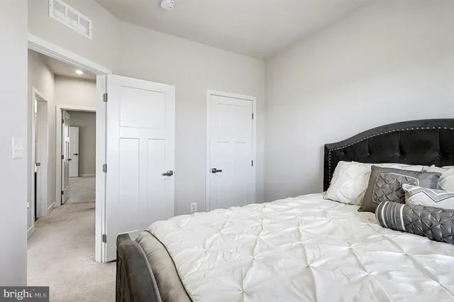 a bedroom with a bed and closet