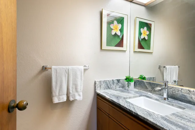 a bathroom with a granite countertop sink and a mirror