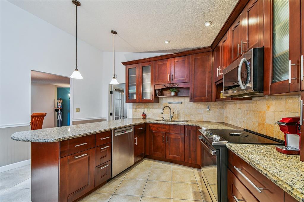 6006 Redhawk Drive New Port Richey, FL 34655 - Photo 20 of 90 a kitchen with stainless steel appliances granite countertop wooden cabinets a sink and dishwasher