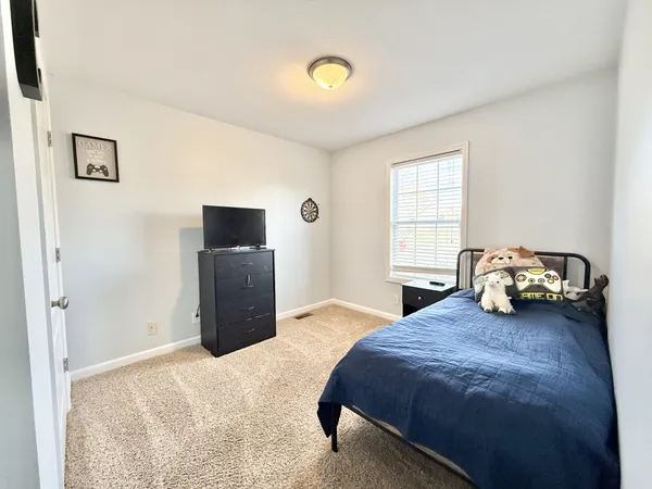 a bedroom with a bed and a chandelier