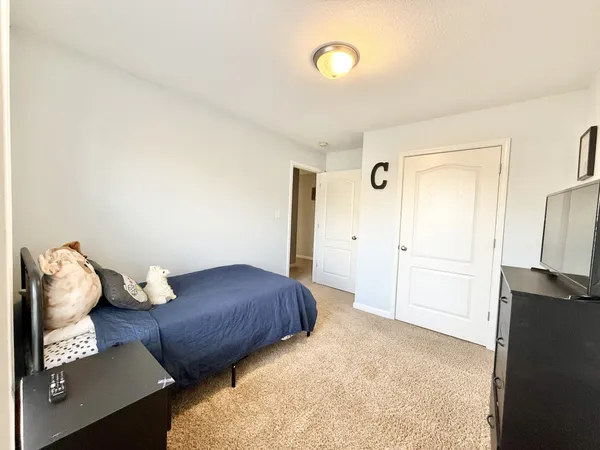 a bedroom with a bed and a couch